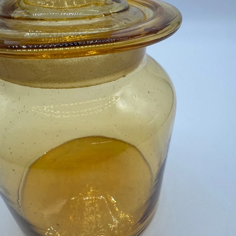 Vintage Takahashi Amber Glass Apothecary Jar Daisy Lid Hand Blown 7x4.5